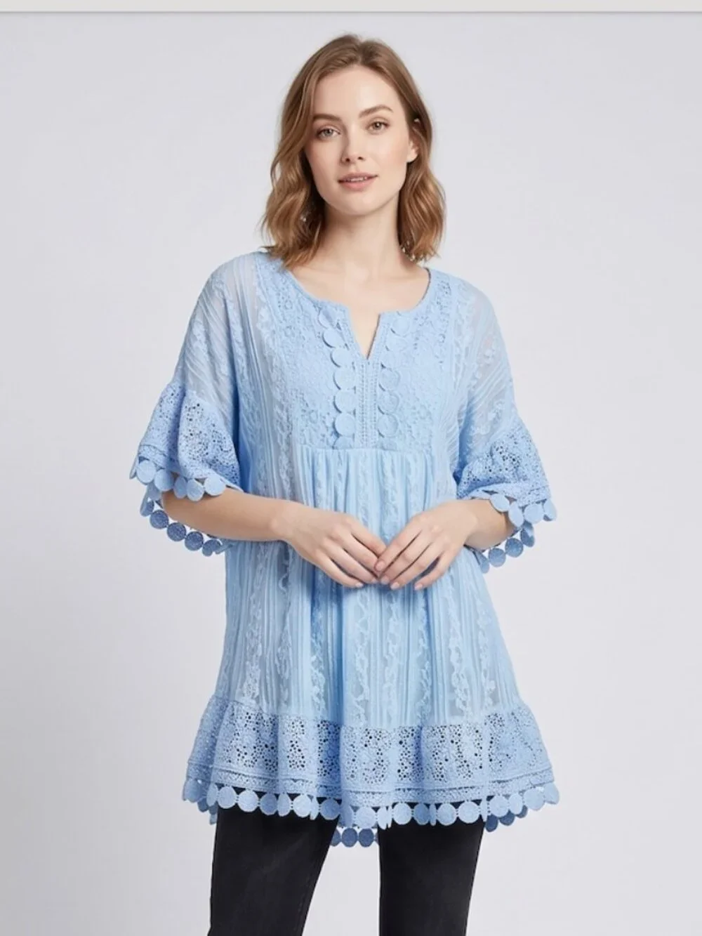 Romantic Lace Tunic Top Flutter Sleeve Ruffle Hem Boho Smock Baby Blue - Picture 1 of 8